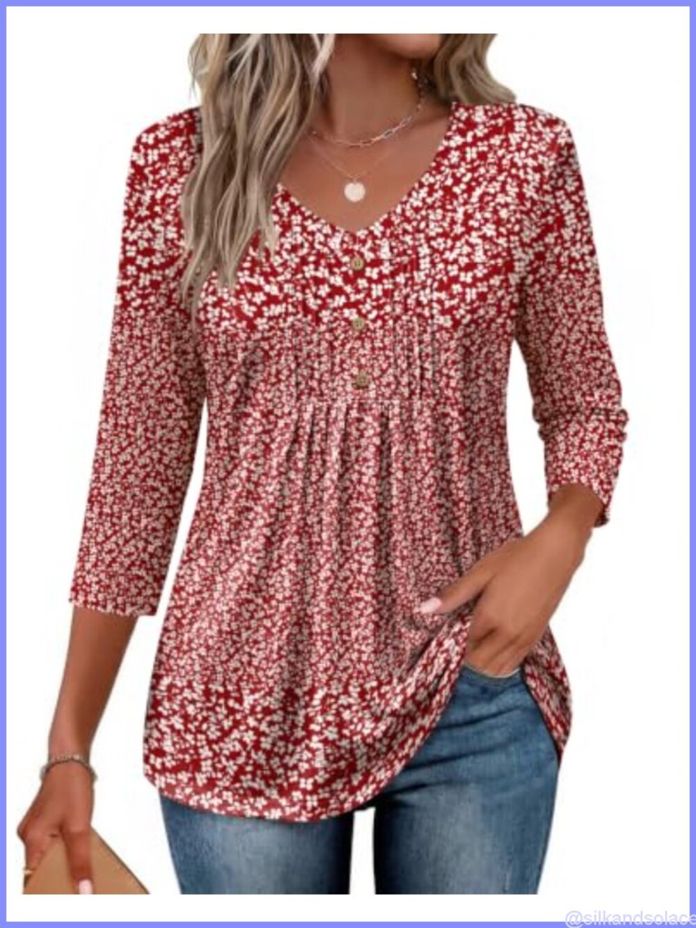 Ekouaer Womens 3/4 Sleeve V Neck Pleated Blouse Loose Fit Casual Top